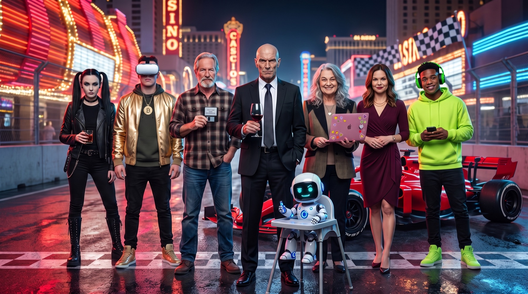 The Malwares — the cybercrime family — lined up on the Las Vegas Grand Prix track at night